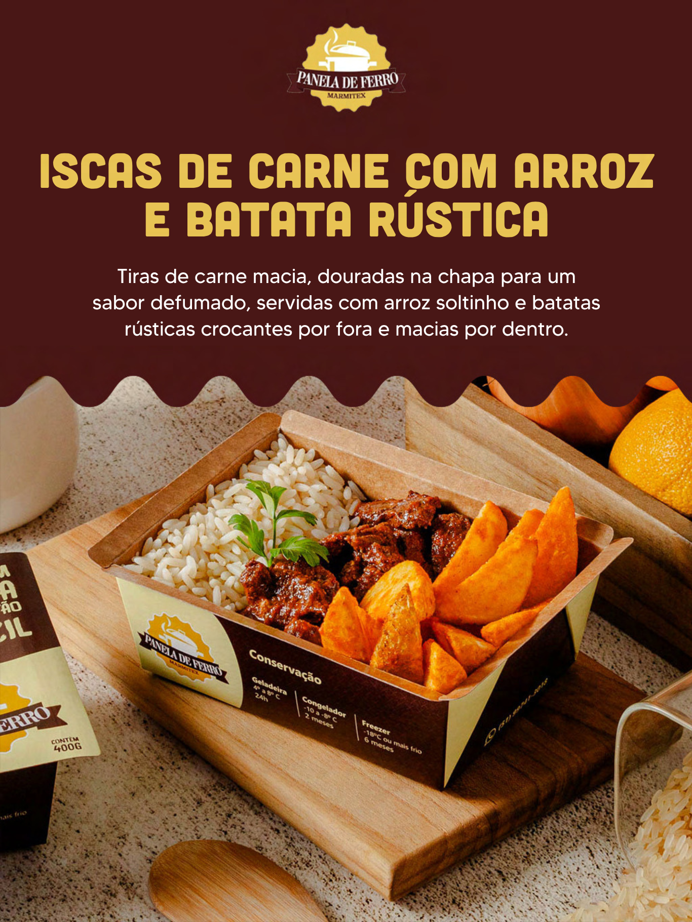 Iscas de Carne com Arroz e Batata Rústica
